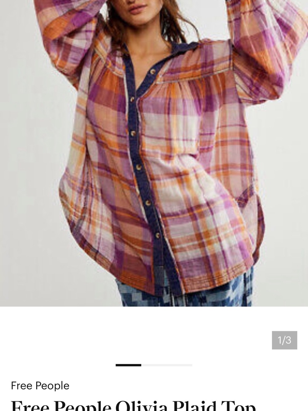 Free People Plaid Button-Front Top in Pink, Orange, Purple - Picture 1 of 13